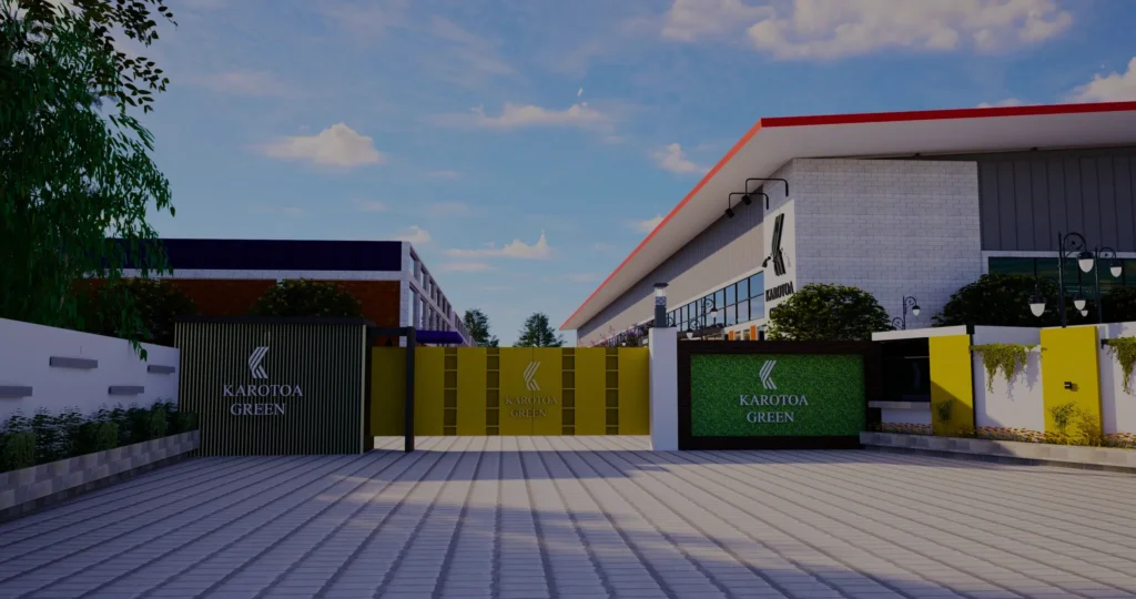 Karotoa Green factory entrance gate with modern architectural design and branded signage.