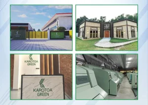 Karotoa Green factory entrance, corporate building, reception area with logo, and advanced textile machinery inside production facility.