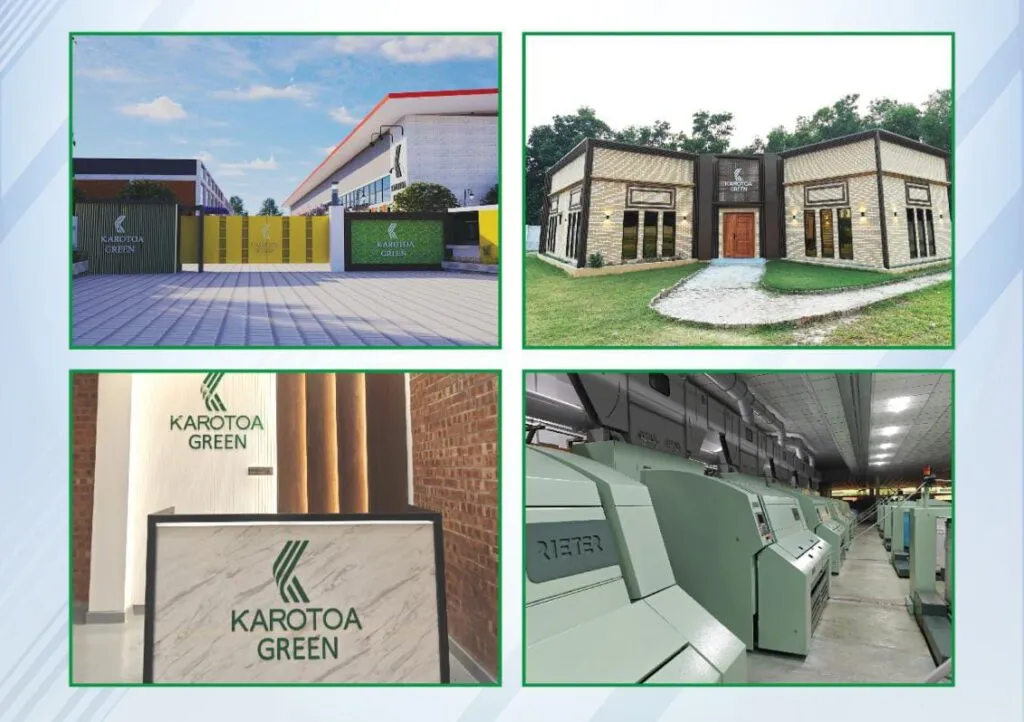 Karotoa Green factory entrance, corporate building, reception area with logo, and advanced textile machinery inside production facility.